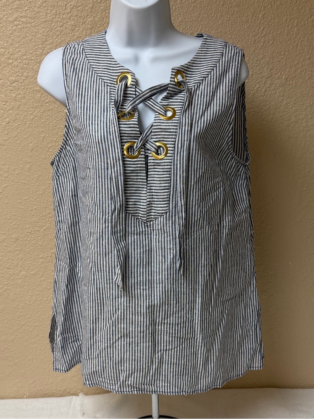 4/$20 Michael Kors Blue and White Striped Lace-Up Sleeveless Top